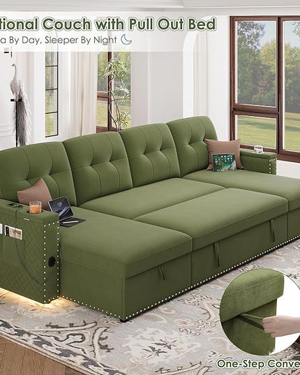 HIFIT 106" Sectional Couches for Living Room- Pull Out Sleeper Sofa Couch w/Storage Chaise,Storage Armrest,LED Light&USB Port&Cupholder,Modern Velvet U Shaped Home Sofa Living Room Furniture Set,Green