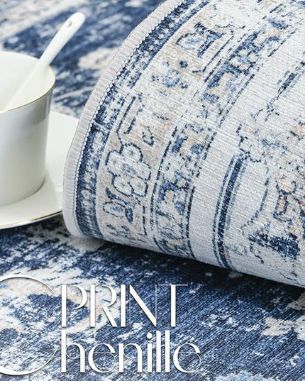 jinchan Hallway Runner Rug 3x7 Machine Washable Runner Rug Dark Blue Vintage Floral Design Non-Slip Low Pile Ultra-Thin for Kitchen Laundry Room Bedroom Farmhouse (3‘x7',Dark Blue)