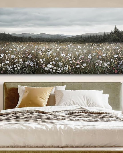 HGUAOA Vintage Landscape Wall Art for Bedroom and Living Room - Large Floral Artworks Farmhouse Wall Decor - Framed Neutral Nature Pictures - Above Bed Wall Decor with Mountain Scenery 29×58IN
