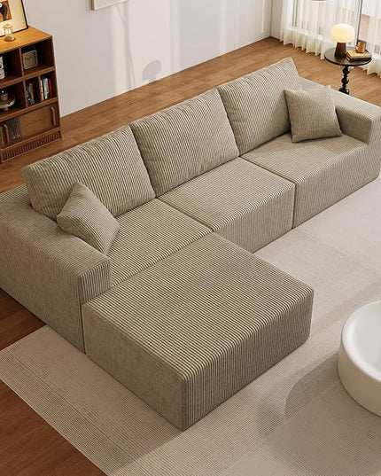 110" Boneless Cloud Sectional Couch for Living Room, Compressed Modular L-Shaped Sofa with Deep Seat, Frameless Corduroy Couch in Boxes, No Assembly Required 3-Seater (Left-Facing Chaise, Grey)