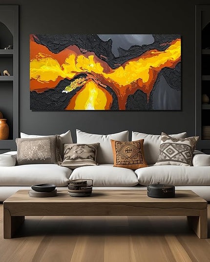 Abstract Lava Flow Canvas Wall Art for Living Room, Black and Gold Yellow Wall-Decor for Bedroom, Modern Textured Volcanic Landscape Paintings for Hallway Office, Size 58x29 Inches Hand Painted