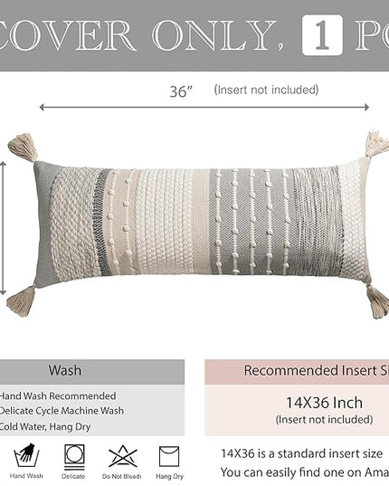 BlissBlush Gray Boho Lumbar Throw Pillow Cover 14x36 Grey Accent Long Body Lumbar Pillow for Bed Decorative Modern Bohemian Woven Textured Lumbar Pillow for Bed Cover ONLY