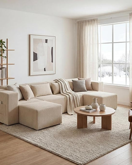 Minimalist Modular Corduroy Cloud Couch Sectional – Oversized Boneless Memory Foam Sofa for Living Room, Modern Comfy Couch, No Assembly Needed（130" U Shaped Boneless Sofa 4-Seater + 2*Ottoman,Beige）