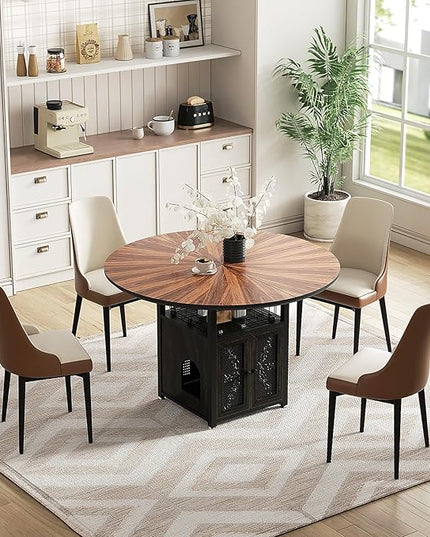 47" Round Dining Table Set for 4-6 People, Large Farmhouse Kitchen Dining Table Set with Chairs and Storage Rack, Metal Base Round Table for Home Dining Room Living Room (Cat table and 4 brown chairs)
