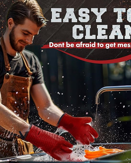 KITCHEN PERFECTION XL Silicone Smoker Oven Gloves-Extreme Heat Resistant BBQ Gloves-Handle Hot Food Right on Your Grill Fryer&Pit|Waterproof Grilling Cooking Baking Mitts|Superior Value Set+3 Bonuses