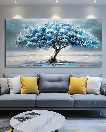 FUHAIHUA Farmhouse Wall Decor For Living Room Large Canvas Wall Art For Bedroom Office Decorations Blue Tree Paintings Abstract Wall Pictures Artworks Ready To Hang Home Decor Mural Art 24"X48"