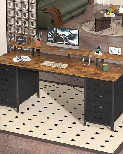 60 Inch Computer Desk with 8 Fabric Drawers, Gaming Desk with LED Lights & Power Outlets, Home Office Desk with Monitor Stand, Rustic Brown