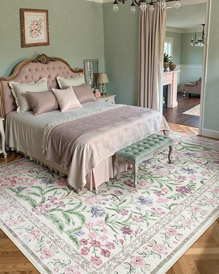 Wonnitar Purple Floral 8x10 Area Rugs, Washable Rug for Living Room, Soft Ultra-Thin Non-Shedding Large Indoor Boho Carpet for Bedroom Nursery Playroom Classroom Decor, Light Purple/Pink