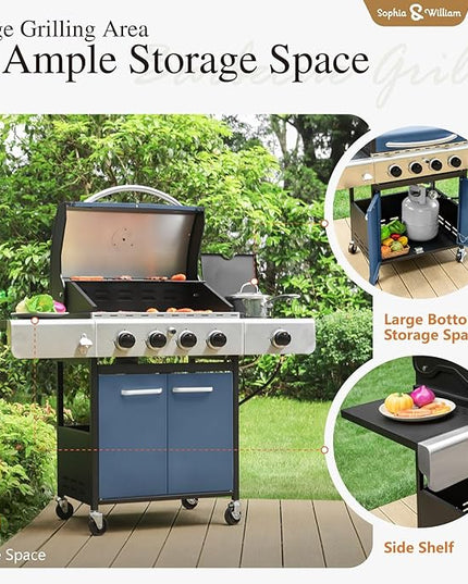 Sophia & William 4-Burner Gas BBQ Grill with Side Burner and Porcelain-Enameled Cast Iron Grates, 42,000BTU Propane Grills Outdoor Cooking Barbecue Cabinet Style, Blue