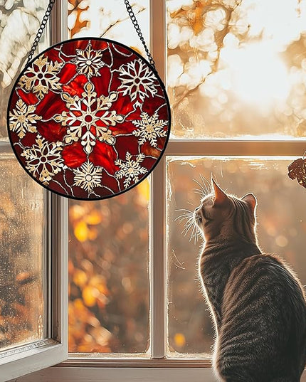 Stained Glass Window Hanging 4 Pcs Set Red Christmas Elk Snowflakes 7.8" - Deer Suncatcher Door Garden Sun Catcher Decor Birthday for Mom Woman Nana Men Friend