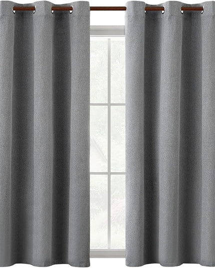 Total Blackout Grey Linen Textured Curtains for Bedroom, Thermal Insulated Entryway Cottage Short Drapes 64 Inch, Farmhouse Grommet Top Curtains for Small Window, Grey, W37 x L64, 2 Panels