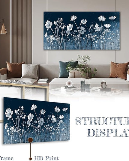 HUADAOART Canvas Wall Art White Wildflowers on Navy Blue Background Modern Floral Home Decor for Bedroom 24" x 48"