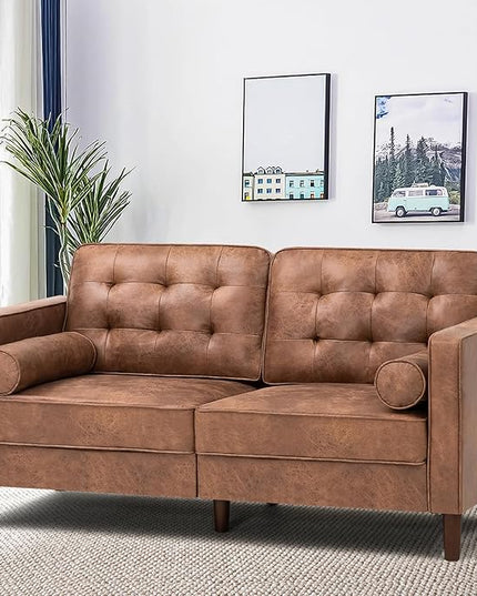 67" Suede Leather 2-seat Sofa with Two Bolster Pillows, Tufted Loveseat with Wooden Legs, Morden Sofa Suitable for Living Room, Office, Brown