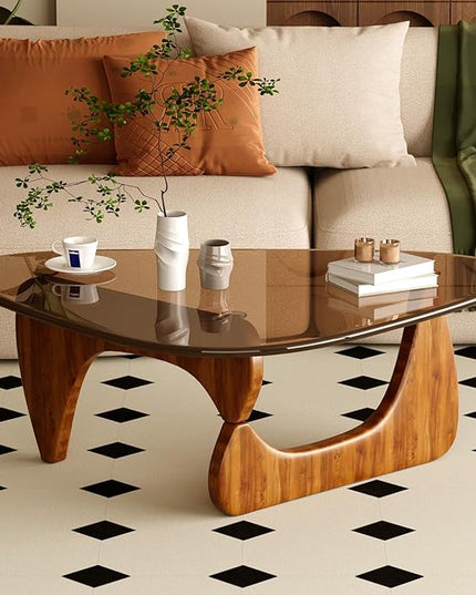 Coffee Table for Living Room Mid Century Modern Center Table with Glass Top and Wood, Brown/Walnut