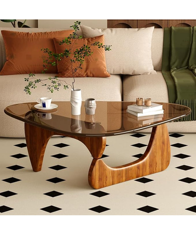 Coffee Table for Living Room Mid Century Modern Center Table with Glass Top and Wood, Brown/Walnut