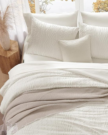 Full Size Comforter Set White, Tufted Boho Bedding Farmhouse Bed Set, All Season 7 Pieces Bed in a Bag with Sheets, Pillowcases & Shams