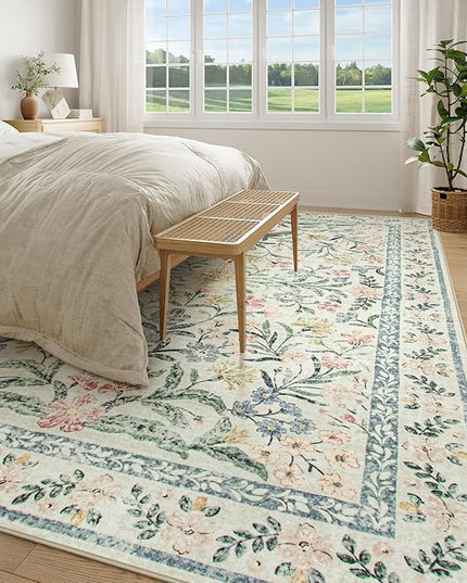 Wonnitar Large Living Room Rug, Floral 10 x 14 Machine Washable Area Rugs, Soft Boho Ultra-Thin Non-Shedding Indoor Aesthetic Carpet for Bedroom Dining Room Office