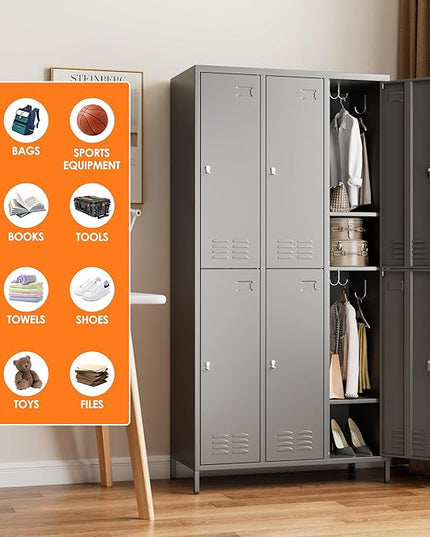 Aobabo Metal Locker for Employees, 6 Doors Metal Locker Cabinet with Lock, Industrial Storage with 18 Hooks, Storage for Office, Gym, Dormitory, Assembly Required, Dark Grey