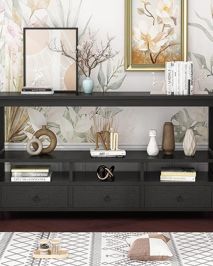 Karl home Console Table with 3 Bottom Drawers, 57.9" W Sofa Side Table Entryway Desk with 3 Storage Cubbies 1 Open Shelf, Vintage TV Stand for Hallway Living Room Office, Black 29.9" H