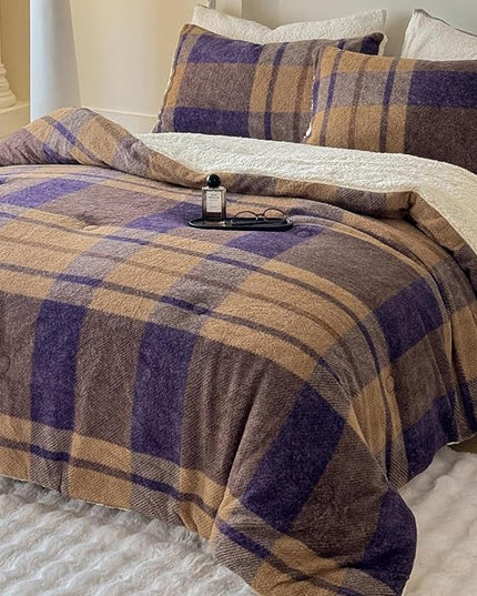 Cyusri Plaid Sherpa Comforter Set 2Pcs Fluffy Warm Fleece Down Alternative, Khaki Blue Grid Pattern Bedding Set with 1 Pillowcase, Twin Size 68"x90"