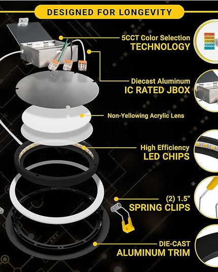 NUWATT 6 Inch Black Gimbal LED Recessed Lighting Canless Wafer Lights, 5CCT 2700K/3000K/3500K/4000K/5000K, Dimmable, 1050LM, 12W, Downlight Adjustable Recessed Swivel LED Sloped Ceiling Light, 6 Pack