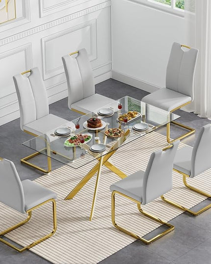 7 Piece Glass Dining Table Set, Gold Glass Kitchen Dining Room Table Set for 6, Modern 51" Rectangular Glass Metal Dining Table with 6 Grey Leather Dining Chairs for Kitchen Dining Room