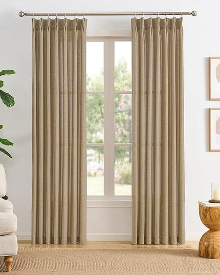 Dark Flax Pinch Pleated Linen Curtains 108 Inches Long Semi Sheer Memory Trained Ripple Fold Curtain with Hooks Back Tab Textured Light Filtering Drapes for Bedroom Living Room 42x108 Set of 2