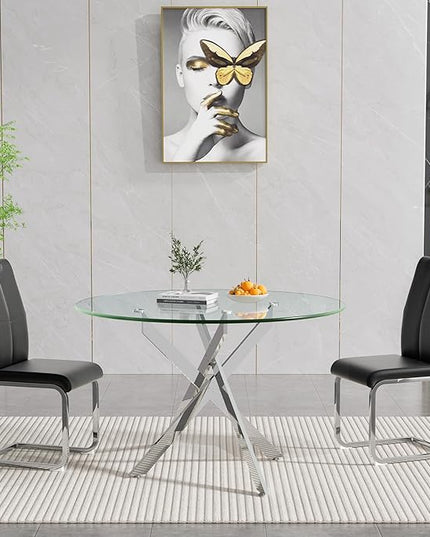 HomVent 3 Piece Round Glass Dining Table Set, Round Glass Kitchen Table Set for 2 with 2 PU Upholstered Dining Chairs for Kitchen Dining Room