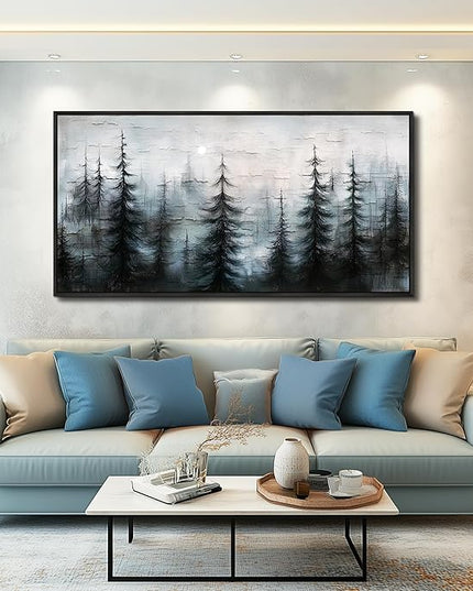 XIGUANGART Black Framed Canvas Wall Art Misty Forest Landscape Pictures Nature Farmhouse Abstract Watercolour Painting Wall Decor Living Room, Bedroom Bathroom Home Office Mural Decorations Artwork