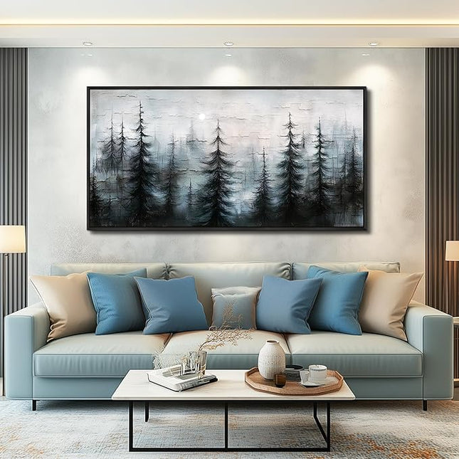 XIGUANGART Black Framed Canvas Wall Art Misty Forest Landscape Pictures Nature Farmhouse Abstract Watercolour Painting Wall Decor Living Room, Bedroom Bathroom Home Office Mural Decorations Artwork