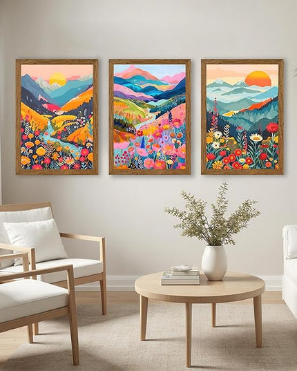 InspiredHues Colorful Mountain Boho Canvas Wall Art Set, 3 Piece Watercolor Flower Picture Wall Decor, Abstract Nature Landscape Artwork Prints for Living Room Bedroom Office 16x24 In Wood Framed