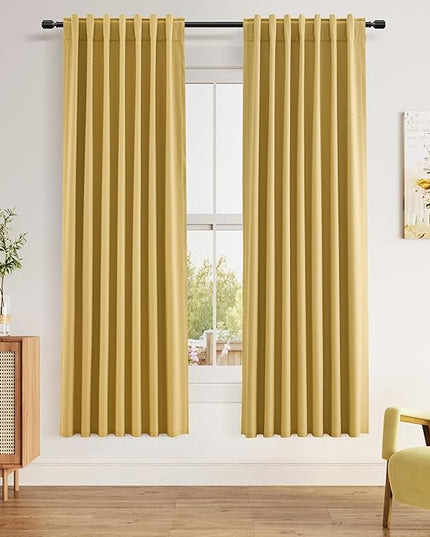 Guken Blackout Curtains 72 Inch Length 2 Panels Set for Living Room Bedroom Back Tab Thermal Insulated 100% Black Out Linen Drapes Room Darkening Window Curtains 72 Inches Long,Gold