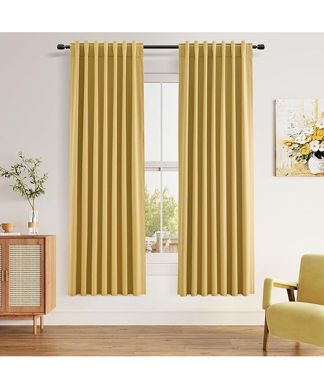 Guken Blackout Curtains 72 Inch Length 2 Panels Set for Living Room Bedroom Back Tab Thermal Insulated 100% Black Out Linen Drapes Room Darkening Window Curtains 72 Inches Long,Gold