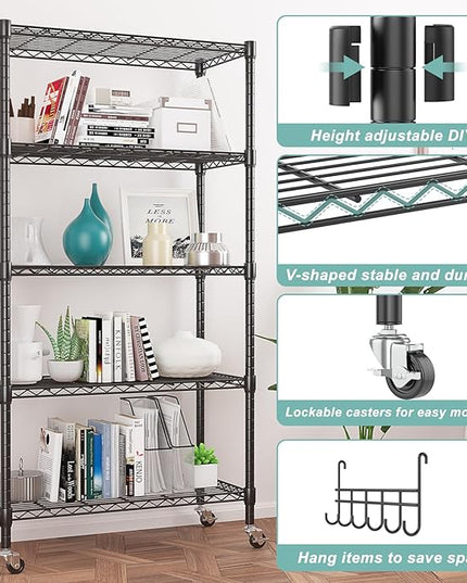Himimi 5-Tier Storage Shelf Wire Shelving Unit on Wheels Heavy Duty Metal Shelves Adjustable Steel Rack Organization for Kitchen Garage Basement, Black