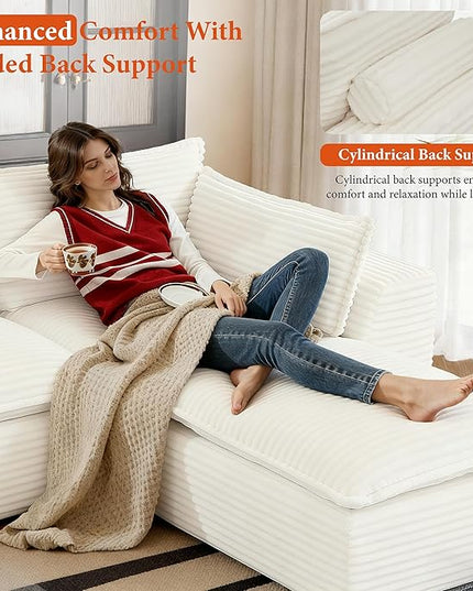 108" Sectional Couches for Living Room Boneless Couch Upholstered Cloud Couch Sectional Modular Sectional Sofa with L Shaped (Corduroy-White, 4 Seat+2 Ottoman)