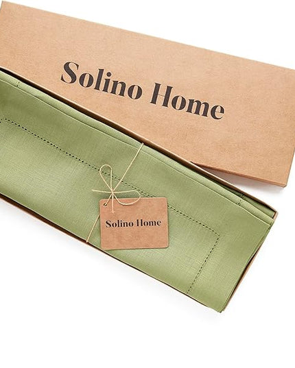 Solino Home Linen Placemats Set of 4 - Classic Hemstitch Moss Green Placemats 14 x 19 Inch - 100% Pure Linen Table Mats for Winter