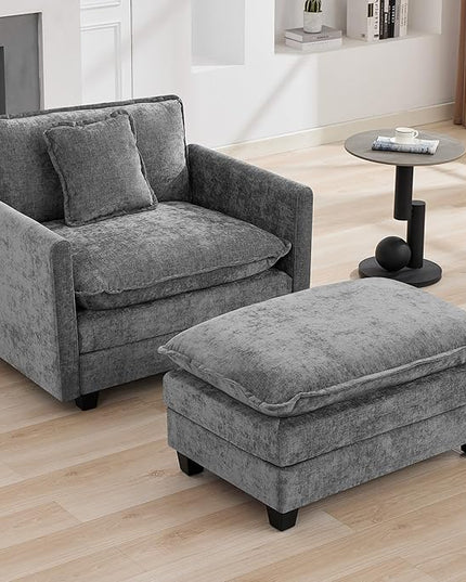 35‘’ Modern Chenille Cloud Sofa Ottoman,Rectangle Ottoman for Modular Sectional Sofa, Grey