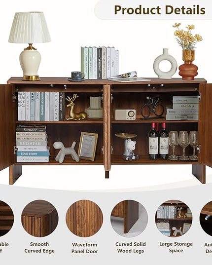 Sideboard Buffets Cabinet, Modern Accent Storage Cabinet with 4 Fluted Doors and Adjustable Shelves, Wood Credenza Buffet Sideboards, Console Table for Kitchen Dining Living Room Entryway (Walnut)