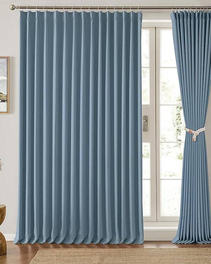KEQIAOSUOCAI Pinch Pleated Patio Sliding Door Curtains 102 Inch Length, Blackout Room Divider Curtain Drapes for Living Room Dining Room French Door(Dusty Blue, 100 Inch Wide per Panel, 2 Panels)