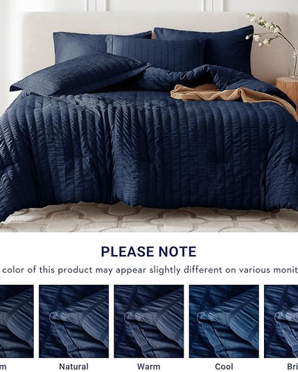 MUXHOMO 7 Pieces Queen Comforter Set, Seersucker Bed in a Bag Queen Size, All Season Luxury Bedding Set with Comforter, Flat Sheet, Fitted Sheet, Pillowcases & Shams, Navy Blue