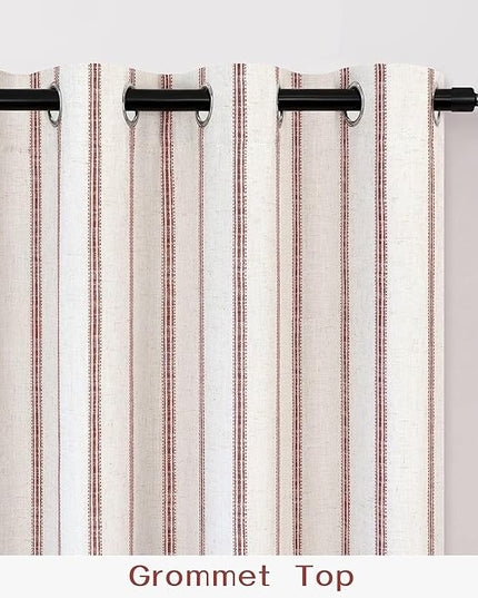 DriftAway Farmhouse Linen Blend Blackout Curtains 108 Inches Long for Bedroom Vertical Striped Printed Linen Curtains Thermal Insulated Lined Treatments for Living Room 2 Panels W52 x L108 Red