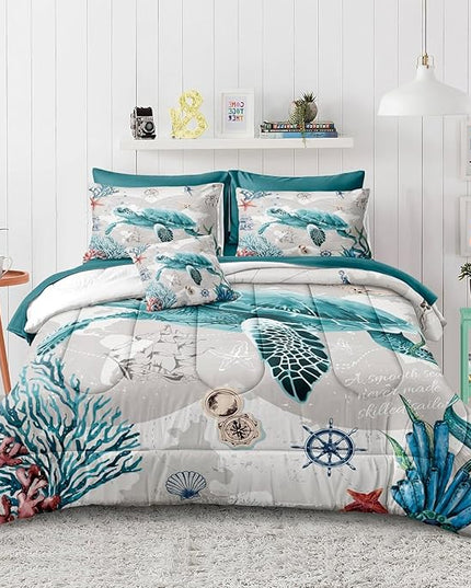 Bedbay 8 Pieces Nautical Comforter Retro Turtle California King Comforter Set with Sheets Ocean Turtle Bedding Bed in a Bag Coastal Bedding Comforter Cal King Bed Set Ocean