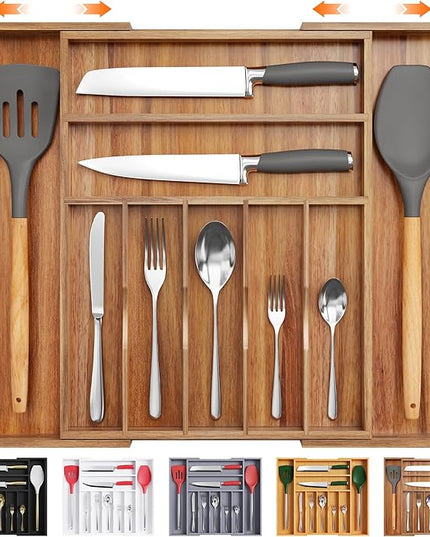 Bellsal Large Premium Acacia Wood Silverware Organizer - Expandable Utensil Drawer Organizer - 17"x19.6" Utensil Holder and Cutlery Tray with Grooved for Kitchen Flatware Utensils(7-9 Slot, Acacia)