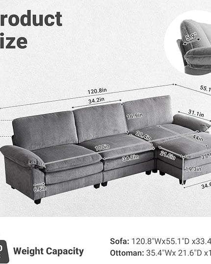 VINGLI 121" L Shape Sectional Couch, Convertible Sectional Couch for Small Living Room,Modern 3-Seat Convertible Loveseat Sofa with 1 Ottoman in Corduroy,Light Grey