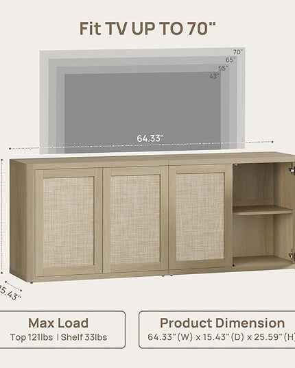 SICOTAS Rattan TV Stand for 65 70 inch TV - Large Entertainment Center TV Consoles for Living Room Bedroom, Farmhouse Television Stands with Storage Cabinet Boho Modular Media Console, Sand Oak