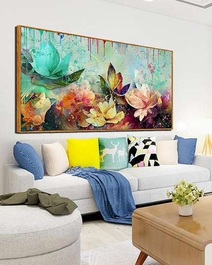 Flower Wall Art for Living Room, Framed Floral Canvas Wall-Art for Bedroom, Watercolor Lotus Print, Large Size 59x29 Inches