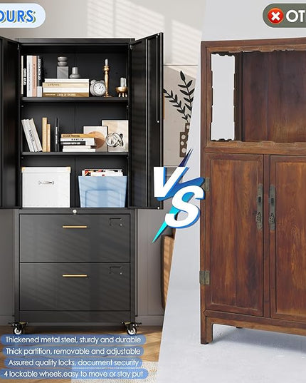 METAN Metal File Cabinet with 2 Drawers and 2 Shelves,Office Filing Cabinet on Wheels with Lock,Office Storage for Letter/Legal Size,Assembly Required,Black