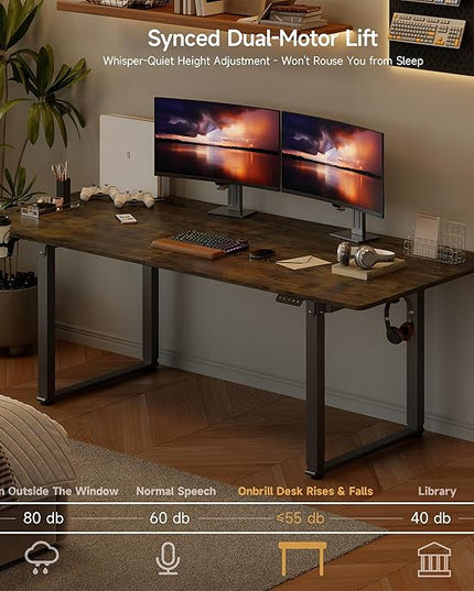 71x32 Inch Adjustable Standing Desk with 4 Legs, Stand-up Desk Features a Rectangular Top, Dual-Motor Lift, and Memory Presets (28-46Inch) for Home Offices or Computer Workstations, Rustic Brown