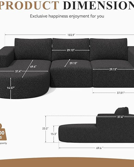 Modular Sectional Sofa with L-Shape Chaise,Cloud Sectional Modern Sleeper Couch with Deep Seat,Sponge Compression Sofas No Assembly Required (Black-Sherpa Fabric) 1PCS