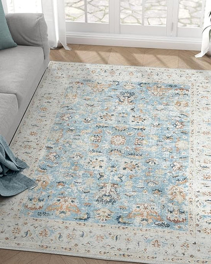 jinchan Area Rug 4x6 Bedroom Rug - Washable Vintage Boho Floral Print Lightweight Low Pile Thin Non-Slip Floor Cover Retro Distressed Carpet for Living Room Dining Room Kitchen Office Light Blue